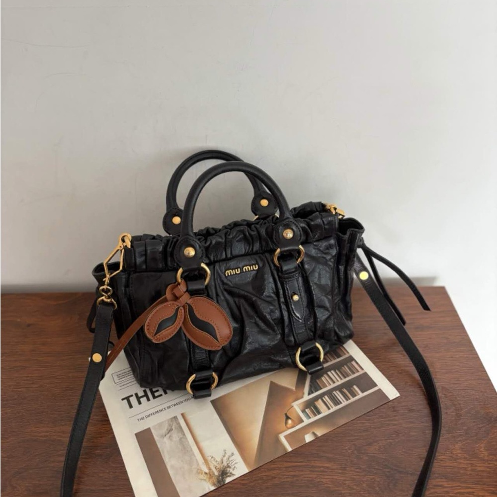Authentic Miu Miu Vitello Lux 2 Way Black Crossbody Bag with Gold Accents
